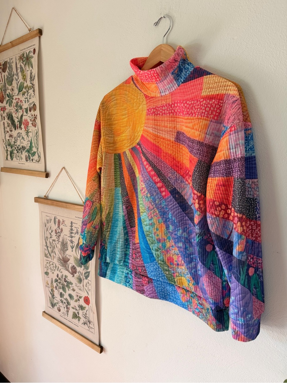 Small - Colorful Sunburst Quilt-Style Women's Sweater - Multicolor